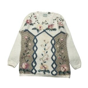 Vintage Shenanigans Womens Knit Sweater Floral Embroidery Textured Cream Size M